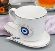 White Evil Eye Of Providence Hamsa Palmistry Hand Palm Mug Cup With Saucer Set