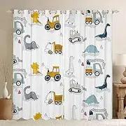 Cartoon Dinosaur Curtains for Bedroom Kids Construction 30%-50% Blackout Curtains Equipment Trucks Darkening Dreapes Construction Vehicles Kawaii Jungle Dino Window Treatments (2 Panels, 52 x 84 Inch)