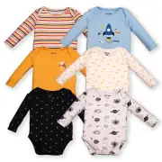 R&V Baby 6-Piece Bodysuit, Space-Themed, Long Sleeves, 100% Cotton Romper Set
