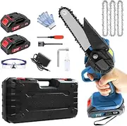 Mini Chainsaw 6 inch Cordless, Mini Electric Chainsaw Pruning Saw, 21V Portable Battery Powered Handheld Chainsaw with Safety Lock, 2 Batteries & 3 Chains, for Wood Cutting Trimming (Blue)