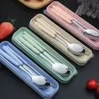 Portable 3X Wheat Straw Handle Stainless Steel Cutlery Set Tableware Spoon Fork
