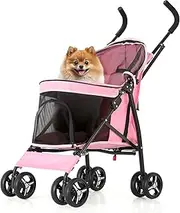 MoNiBloom 4 Wheels Pet Stroller, Easy-Fold Puppy Cage Jogger Stroller with Sun Cover, Pad and Rear Storage Bag, Breathable and Visible Mesh for Small/Medium Pets up to 22 lbs, Pink