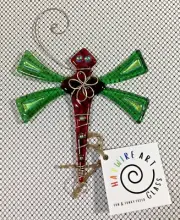 HAYWIRE Art Glass and Wire Dragonfly Ornament Red Green 6.5 x 4 inch w Tag XMAS
