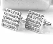 Mens Silver Crystal Rhinestone Cuff Links Square Cufflinks Groom Unique Cluster