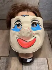 Vintage Plastic Halloween Mask Masquerade Creepy Weirdo Happy Face Demented Pig