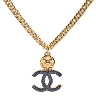 【CHANEL 香奈兒】經典琺瑯垂墜雙C LOGO造型項鍊(藍/金色ABC718-BLUE-OR)