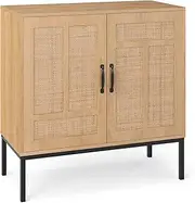Giantex Rattan Storage Cabinet, Accent Cabinet with Asymmetrical Pattern, 2-Door Buffet Sideboard with 3-Position Adjustable Shelf for Kitchen, Dining Room, Living Room, Hallway, Natural