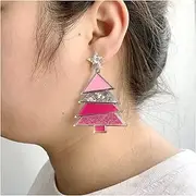 [KAYLRE] Ear Studs Year Tree Xmas Pink Purple Merry Christmas Tree Iridescent Glitter Stars Acrylic Stud Earrings Decorations Ornament Ear Stud (Size : Pink)