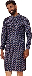 KISAH Men's Kurta, Navy Blue Cotton Blend, Printed Regular Fit Mandarin Collar Long Sleeves
