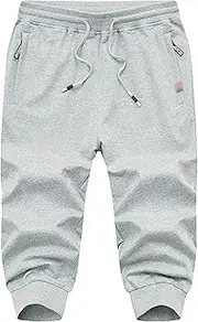 [Flygo] Men's Sweat Shorts below Knee Cotton Workout Bodybuilding Running 3/4 Jogger Capri Pants