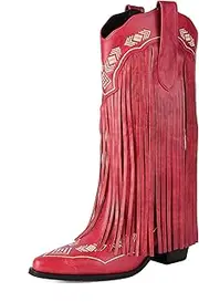 [AIJIVOU] Embroidered Fringe Cowboy Boots for Women, Pull On Mid Calf Chunky Block Heel Pointed Toe Western Cowgirl Boots Riding Country Boot Retro Boots