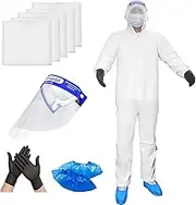 ETERNA Hazmat Suits Set- 5 Pack Disposable Protective Coveralls,Protective Face Shield, Shoe covers for Men & Women, Shield from Dirt, Dust, Paint (Medium)