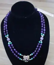 Sunya Currie Amethyst & Malachite Beaded Necklace w/ Enamel Butterfly Pendant