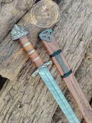 Hand Forged Damascus Steel Viking Sword Medieval Battle Ready with Scabbard