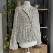 River Island Sequin Bomber Jacket M 12 14 Champagne Silver Zip Front Pockets