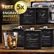 5x Engraved Black Hip Flask Gift Set Personalised Same Sex Gay Wedding Groomsman