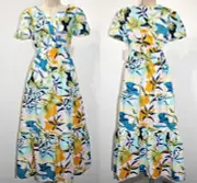 CYNTHIA ROWLEY 100% Cotton Popover V-neck Tiered 56"Long Dress Floral Print sz M