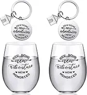 Lallisa 4 Pcs Housewarming Gifts for New House 2 Stemless Wine Glasses Bottle and 2 New Home Keychain Adventures Keyrings for Newlywed Couple, Friends, Apartment Homeowner Newlywed