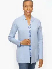 Talbots Notch Collar Sweater Jacket Size MP Pocket Open Front Mature Coastal