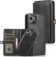 [Cavor] for iPhone 13 Wallet Case,2 in 1 Magnetic Detachable Case Leather Flip Cover with Stand Feature & Card Slots & Wristlet Strap (6.1")-Black