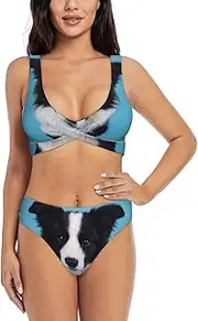 [JEJEA] Border Collie Print Women Swimsuit, Women'S High-Waisted Bikini Set, Two-Piece Sport Bathing Suits, Black, XXL