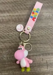 Yoshi 3D Rubber Keychain with Vibrant Pink Strap and Pendant - Super Mario