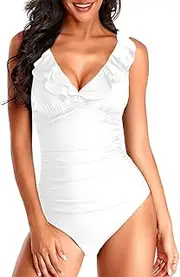 Holipick Women's Ruffle One Piece Swimsuits Tummy Control Bathing Suit V Neck Swimwear Slimming for Teen Girls