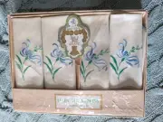 Vintage New Gold Medal Linen 4pc Set Tea Napkins 12x12" Box Embroidery Flowers