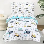 lasoftan Cars Toddler Bedding Set, 4 Piece Bed-in-a-Bag Toddler Bed Comforter Sets for Boys, Toddler Bed Set, Construction Toddler Bedding, Truck, Machine Washable