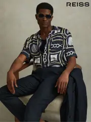 Reiss Navy Jenson Chain Print Cuban Collar Shirt (N27559) | $260