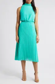 Sam Edelman Smocked Plissé Midi Dress in Turquoise at Nordstrom, Size 6