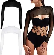 [Chuarry] 2 Women's Mesh Crop Top Bodycon Sheer Mesh Tops for Women Cutout Swim Mesh Top Long Sleeve Rave Top for Yoga Sports
