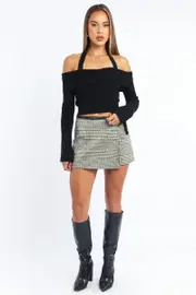 Black Check Mini Skort Faux Leather Skirt - Size 12M, Women's Skort
