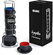 MIAMIO - 75 ml Espresso Cup Set with Saucers Coffee Mug Set of 6 - Ceramic Coffee Mug Stackable Espresso Mug with Stand for Coffee Drinks, Latte, Cafe Mocha - Le Papillon Collection (Colorful)
