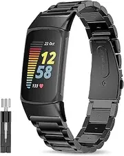 Haotop Stainless Steel Replacement Band Strap Compatible for Fitbit Charge 6/Charge 5 (Black)