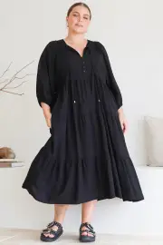 Kamali Midi Dress - Batwing Sleeve Smock Dress with Lace Detailing in Black