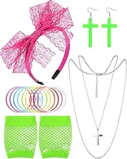 Blulu 16pcs 80s Fancy Costume Accessories 1980s Costume for Women Lace Headband Earrings Fishnet Gloves Necklace Bracelet (Fluorescent Green, Rose Red)