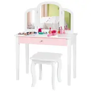 Giantex Kids Makeup Dressing Table Stool Set Folding Mirror Princess Vanity Writing Desk Birthday Gift w/Drawer White