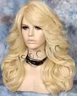 Human Hair Blend Long Open Curly Full Wig Bleach Blonde Bangs Heat OK 613 RBPO