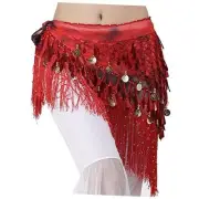 Belly Dance Hip Scarf with Tassels Sequins, Triangle Coins Wrap Medium Red