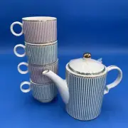 Grace's Teaware Lavender & Blue Pinstripe w/Gold Teapot And Teacups New