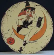 New Metal Sign- Semi Nude Woman Pin Up- Halloween- Witch- Moon- JOL- Owl- Legs