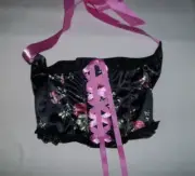 Shein floral satin & mesh ribbon tie underbust crop corset top S black goth nip