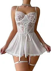 [JINZIJINYU] Women Sexy Lingerie Set Sexy Lace Mesh Nightgown White Bodysuit Bodysuit