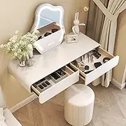LTINGNG All Solid Wood Floating Dresser, Dresser Set with LED Dimming Mirror, Wall Mounted Vanity with Upholstered Stool, 3 Colour Lighting Modes for Bedroom, Bathroom(120cm/47.2in)