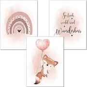 artpin® Children's Bedroom Poster, Set of 3 Pictures Baby Room Girls, Dusky Pink Balloon Rainbow Fox K3