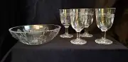 Rare Bohemian Rückl Nizbor Czech Garnet Adorned Crystal Bowl & Glasses