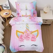 JQinHome Toddler Comforter for Girls,5 Piece Bed in A Bag 3D Unicorn Theme Bedding Set with 2 Pillowcases,1 Flat Sheet,1 Fitted Sheet(Unicorn)