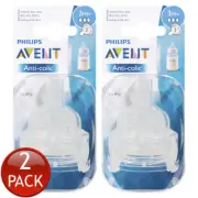 2 x Avent Anti-Colic Teat 3M+ Silicone Medium Flow 2 Pack Leak Free Bpa Free