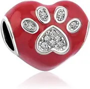 [SBI Jewelry] Paw Red Heart Charm for Bracelets Dog Heartbeat Pendant Compatible with Pandora Charm Bracelet Women Girls Anniversary Birthday Mothers Day, Leather Metal Cubic Zirconia Copper, No